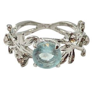 Silver Blue Topaz Cocktail Ring Size 6 7 8 9 10 Vintage Simulated Plated Leaves